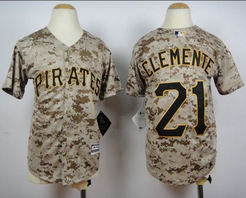 Pirates #21 Roberto Clemente Camo Cool Base Stitched Youth MLB Jersey - Click Image to Close